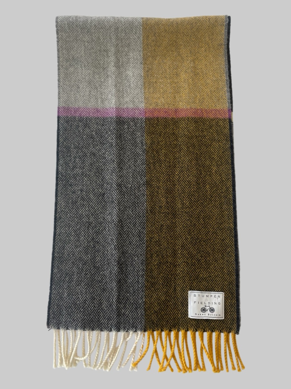 Stumper & Fielding Herringbone Wool Scarf — Gray, Olive & Mustard
